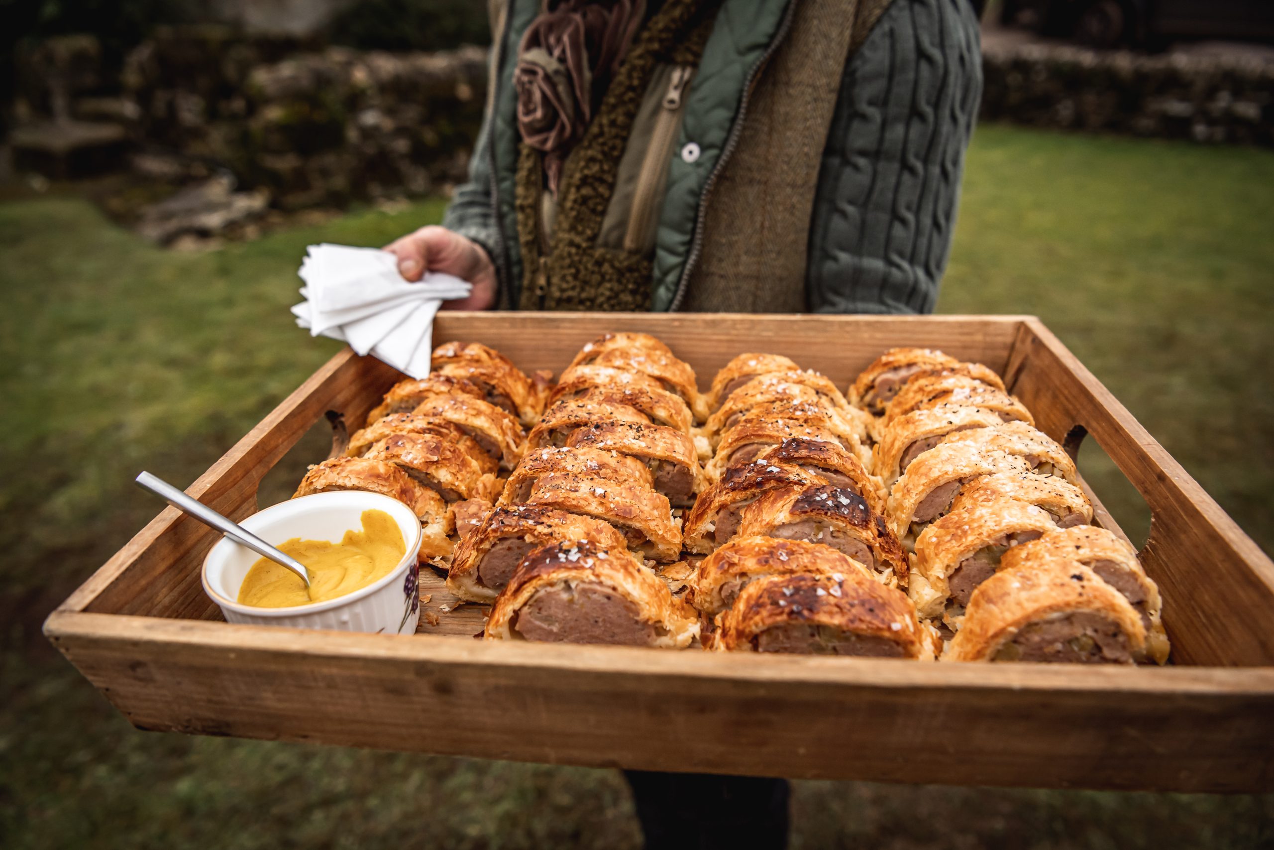 A tray of sausage rolls