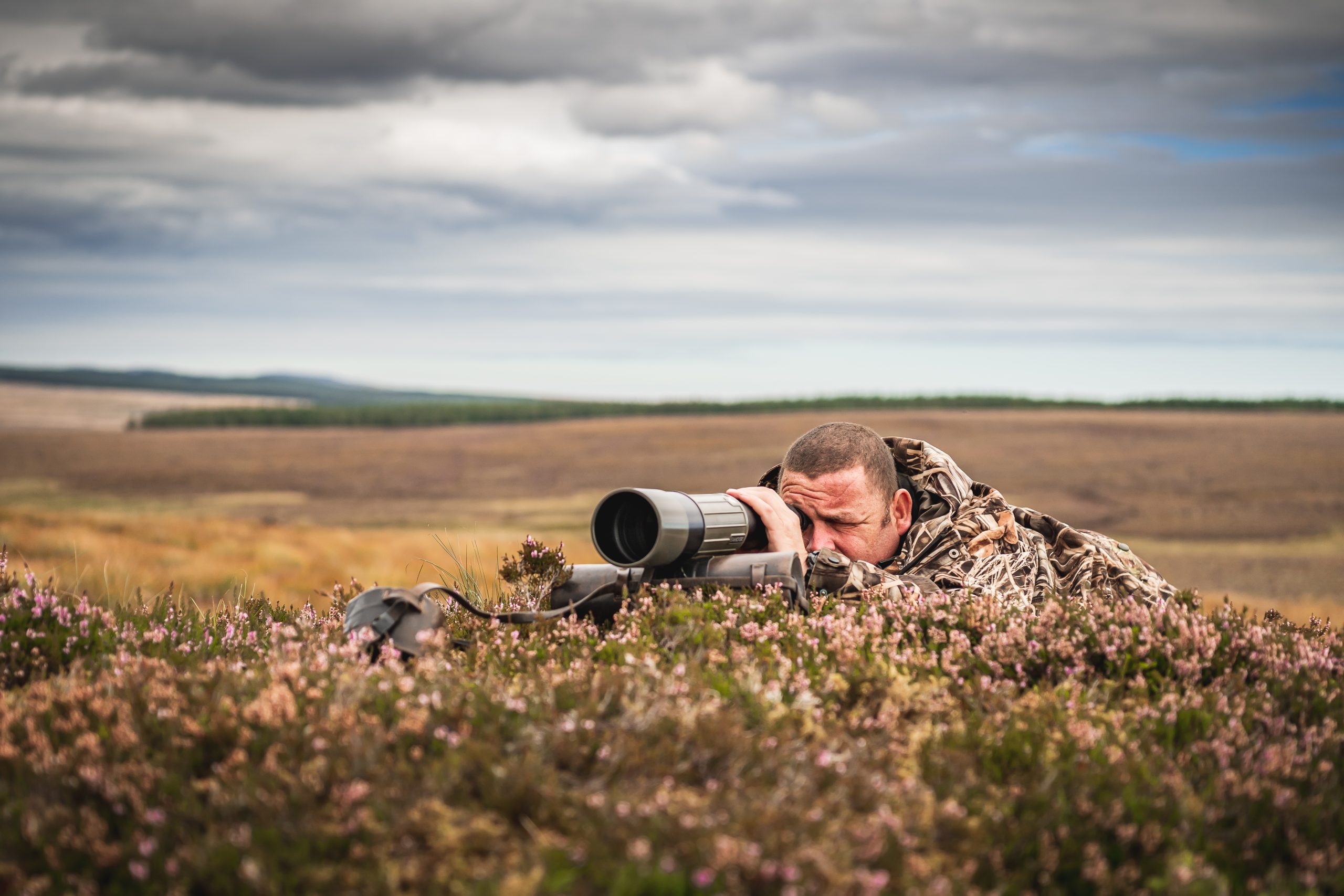 Man looking through a spotting scope whilst laying in heather